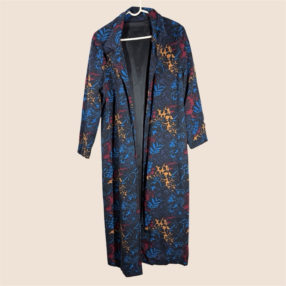 Floral Open Duster Trench Coat Women's L Black Whimsigoth Dark Boho Gothic